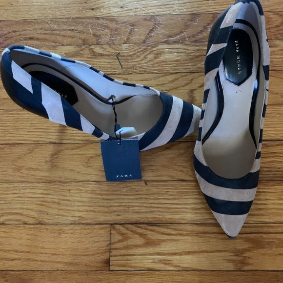 NWT Zara Woman Striped Tan and Black Suede Pumps - Picture 2 of 4
